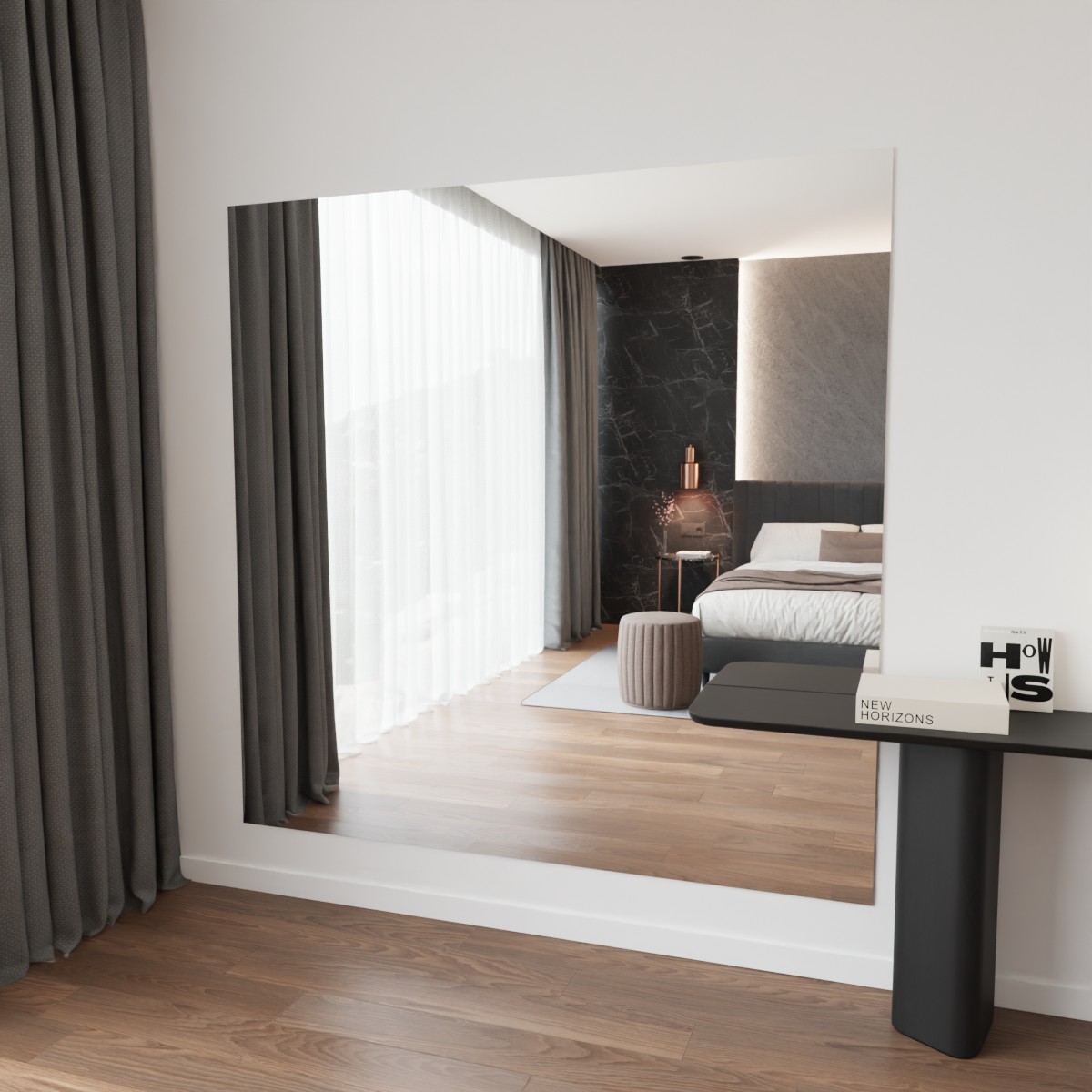 Grote spiegel in een slaapkamer