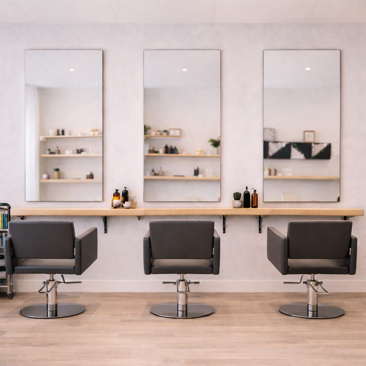 Rechthoekige verzilverde blanke spiegels aan de muur in een lichte kapperszaak