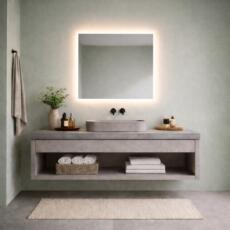 Vierkante spiegel met rondom indirecte verlichting in een minimalistische badkamer