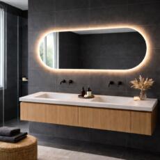 Ovale spiegel met indirecte verlichting rondom in een strakke badkamer
