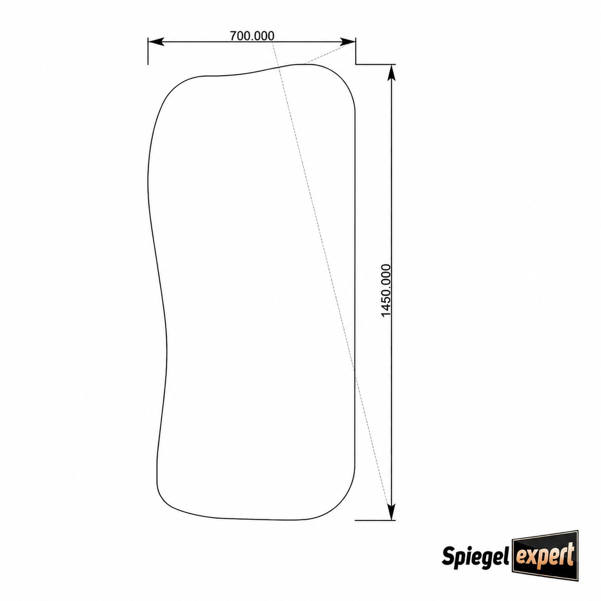 Technische tekening van organische spiegel Demi met afmetingen 700 x 1450 mm