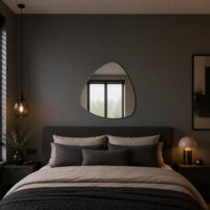 Verzilverd blanke Spiegel Nicole met organische vorm boven een bed in een moderne slaapkamer.