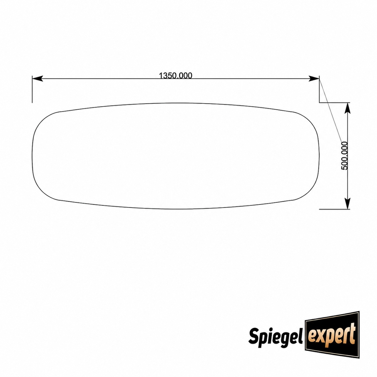 Technische tekening van Spiegel Miranda met afmetingen 1350 x 500 mm en organische spiegelvorm.