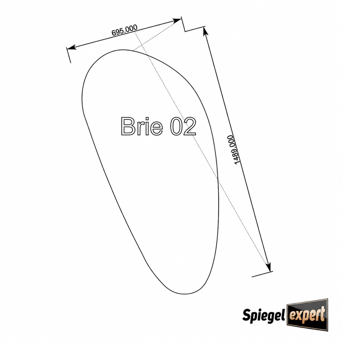 Technische tekening van spiegel Brie met organische vorm en maatvoering 1489 x 695 mm.