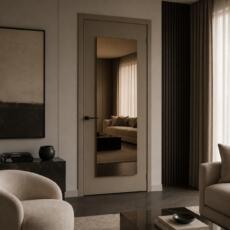 Deurspiegel in een luxe woonkamer met warme tinten en hotel-chique interieur.