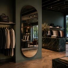 Dubbele boogspiegel in een luxe kledingwinkel met kledingrekken en warme houten vloer.