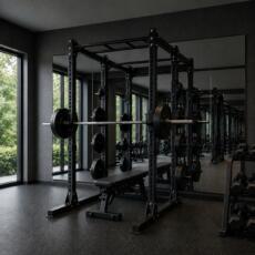 Fitnessruimte met grote spiegelwand van verzilverd blanke spiegels achter een zwart krachtstation en dumbbellrek.