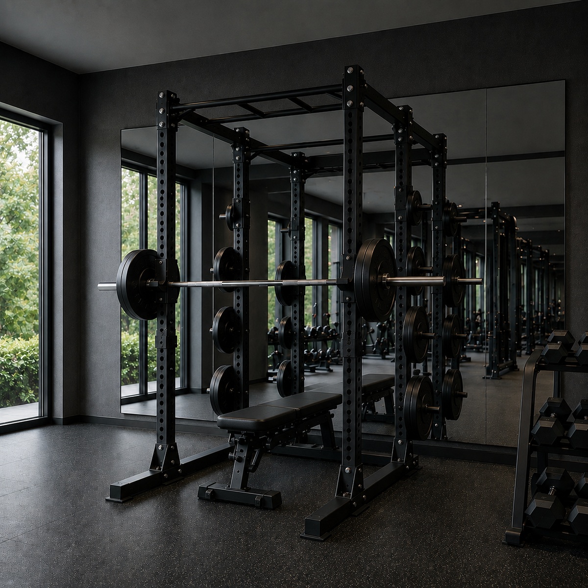 Fitnessruimte met grote spiegelwand van verzilverd blanke spiegels achter een zwart krachtstation en dumbbellrek.