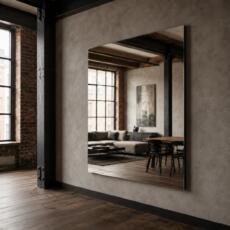Vierkante industriële spiegel aan een wand in een modern loftinterieur.