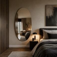 Ovale spiegel in een luxe slaapkamer naast een bed met warme hotel-chique sfeer.