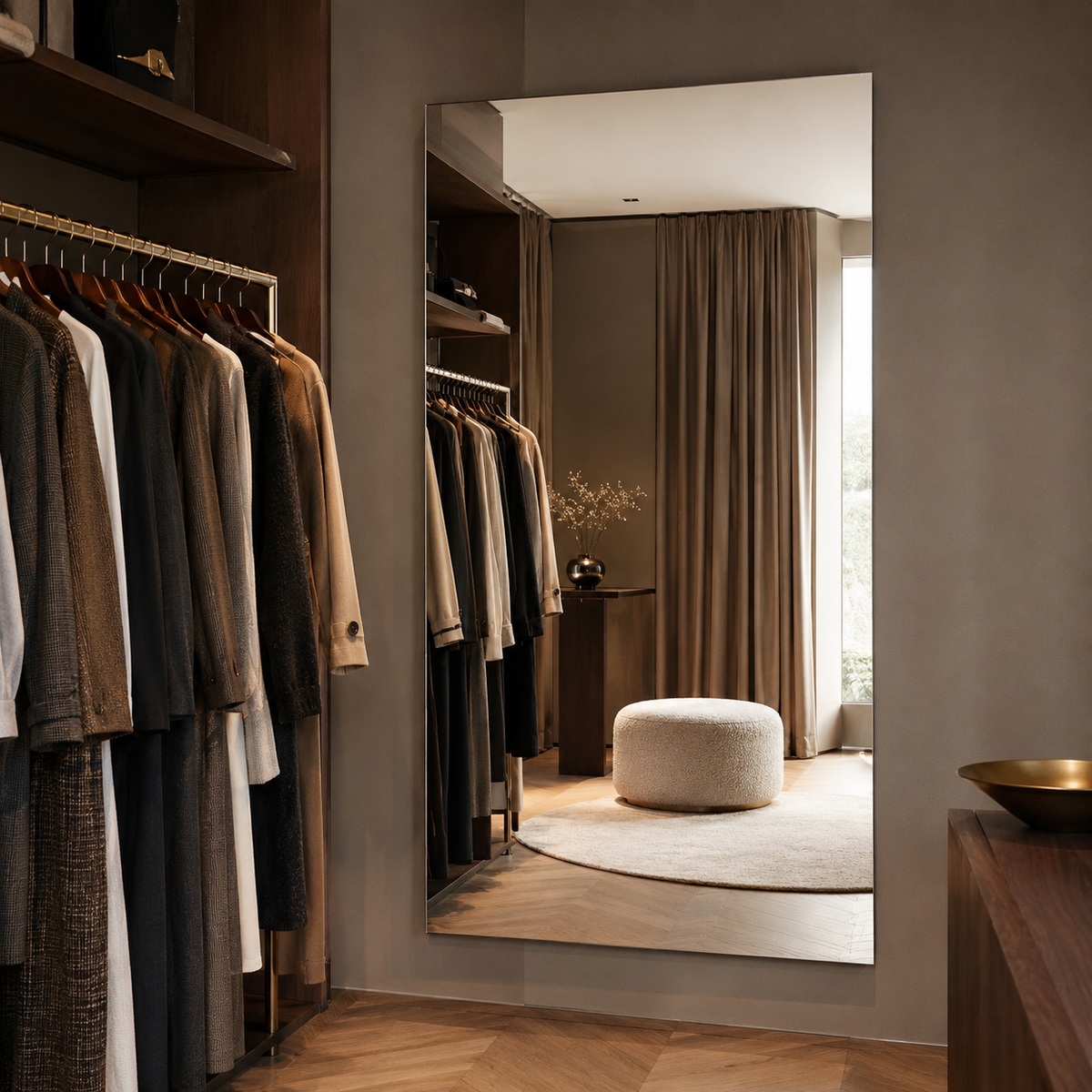Luxe passpiegel in een stijlvolle boutique met kledingrek en zachte poef.