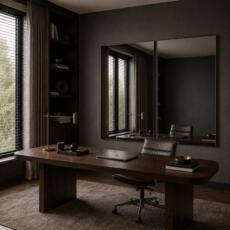 Twee rechthoekige spiegels in een luxe home office met donker houten bureau.