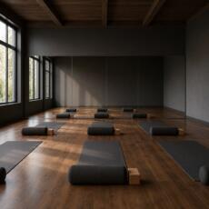 Yogastudio met veiligheidsspiegelwand, yogamatten en houten vloer.