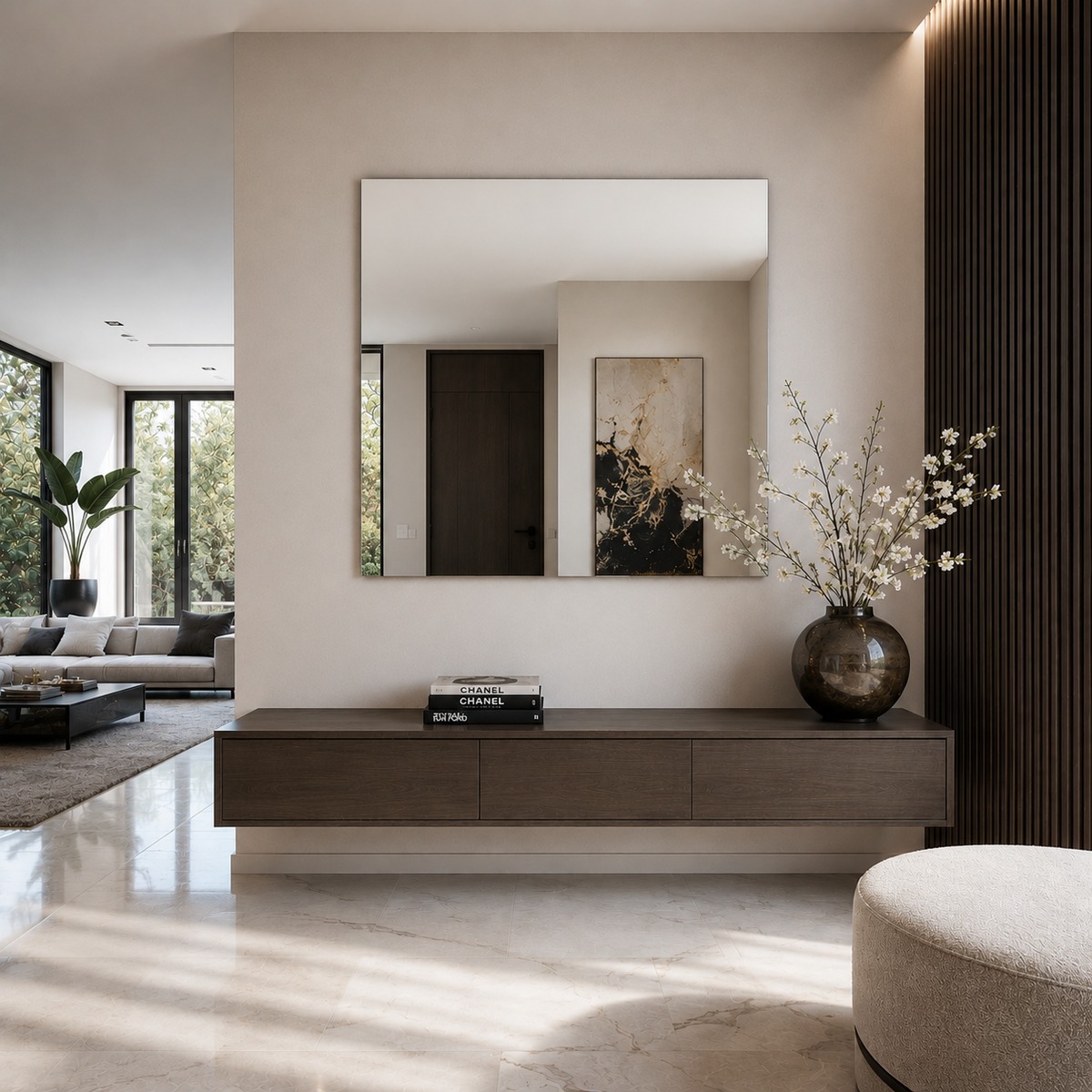 Vierkante spiegel boven een zwevend dressoir in een luxe entreehal.
