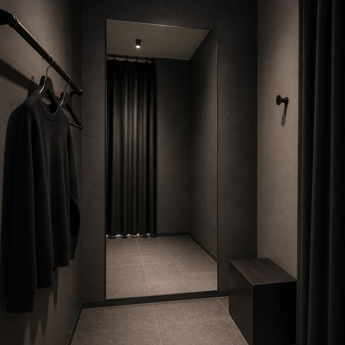 Paskamerspiegel in een donkere moderne paskamer met kledingrek en zitbankje.