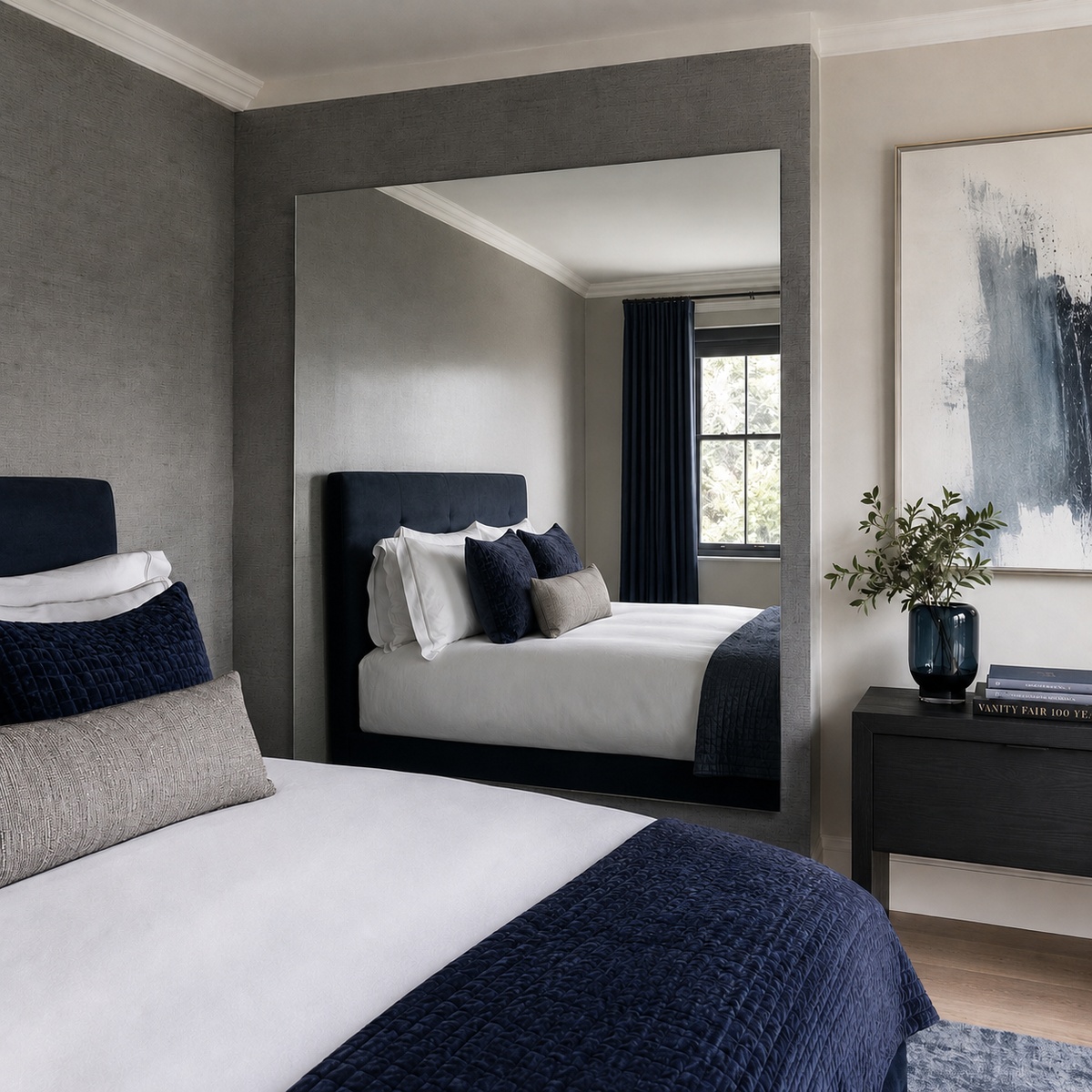 Vierkante spiegel in een slaapkamer met blauw bed en rustige hotel-chique uitstraling.