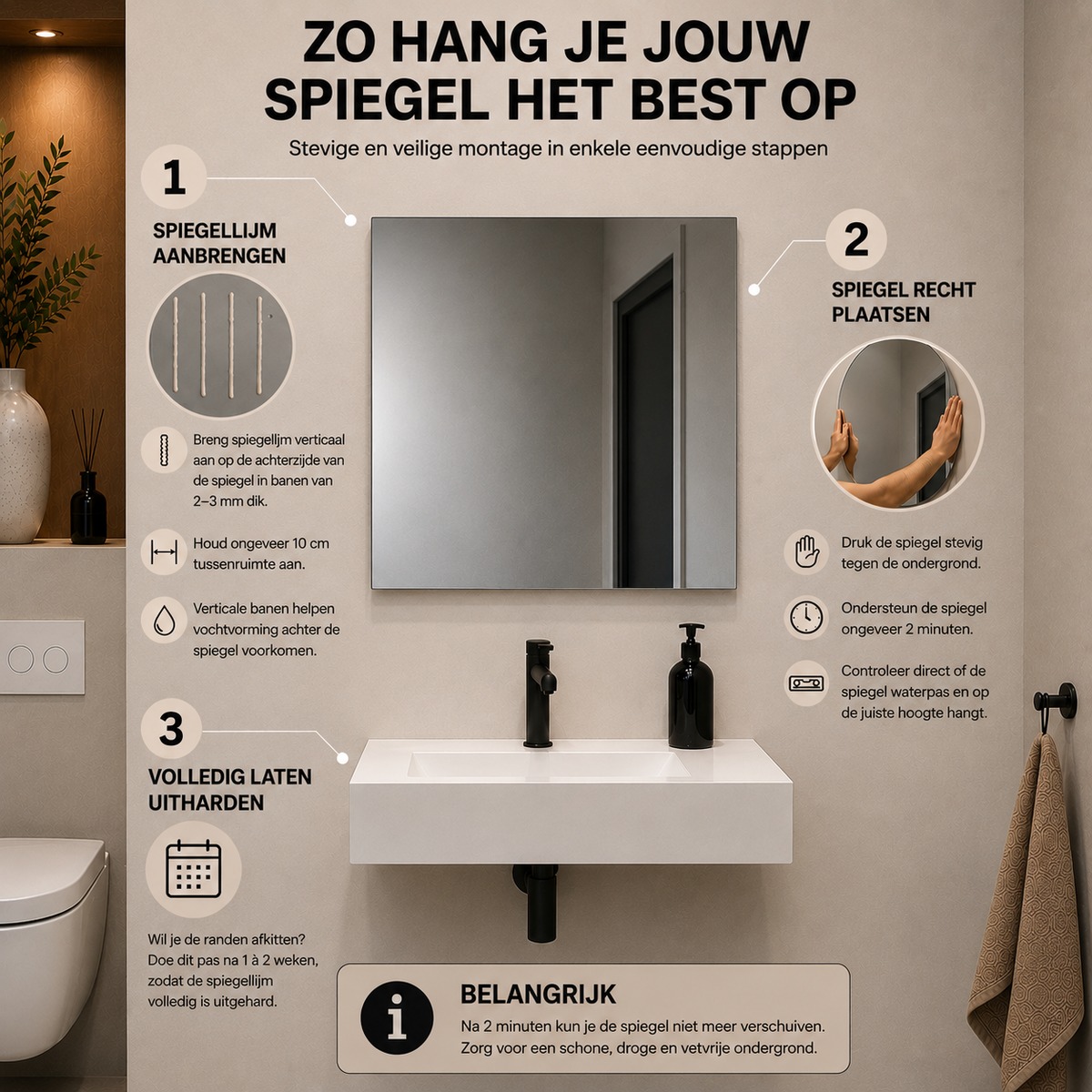 Infographic met stappenplan voor het ophangen van een vierkante spiegel met spiegellijm.