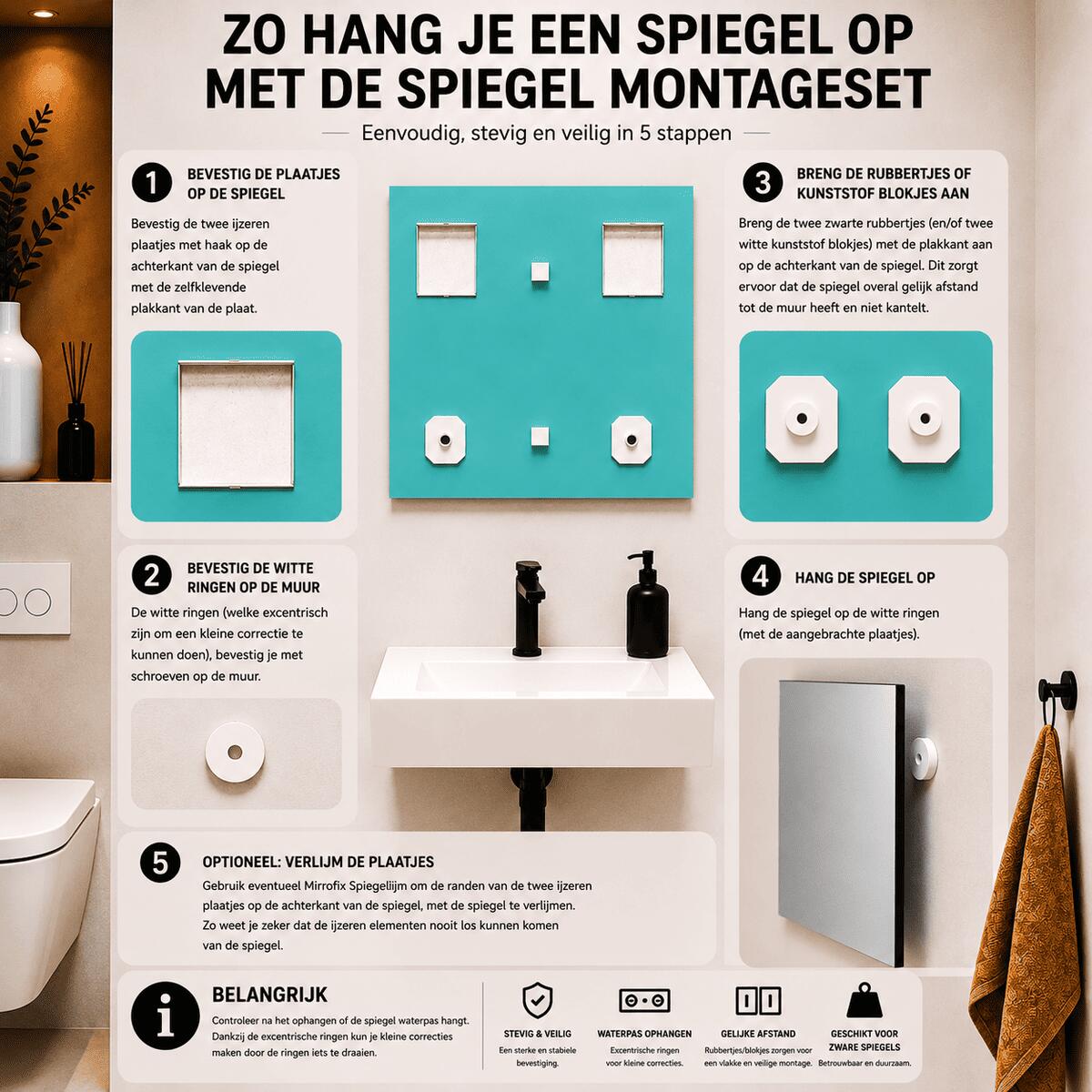 Infographic met stappenplan voor het ophangen van een rechthoekige spiegel met een spiegel montageset.