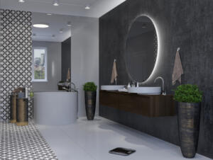 Ronde spiegel in de badkamer met verlichting